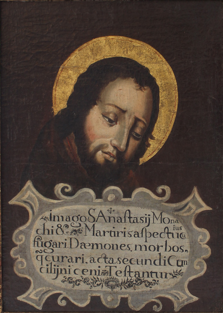 Spanish School 17th Century, Portrait of Saint Anastasius of Persia with description in Latin and - Image 2 of 3