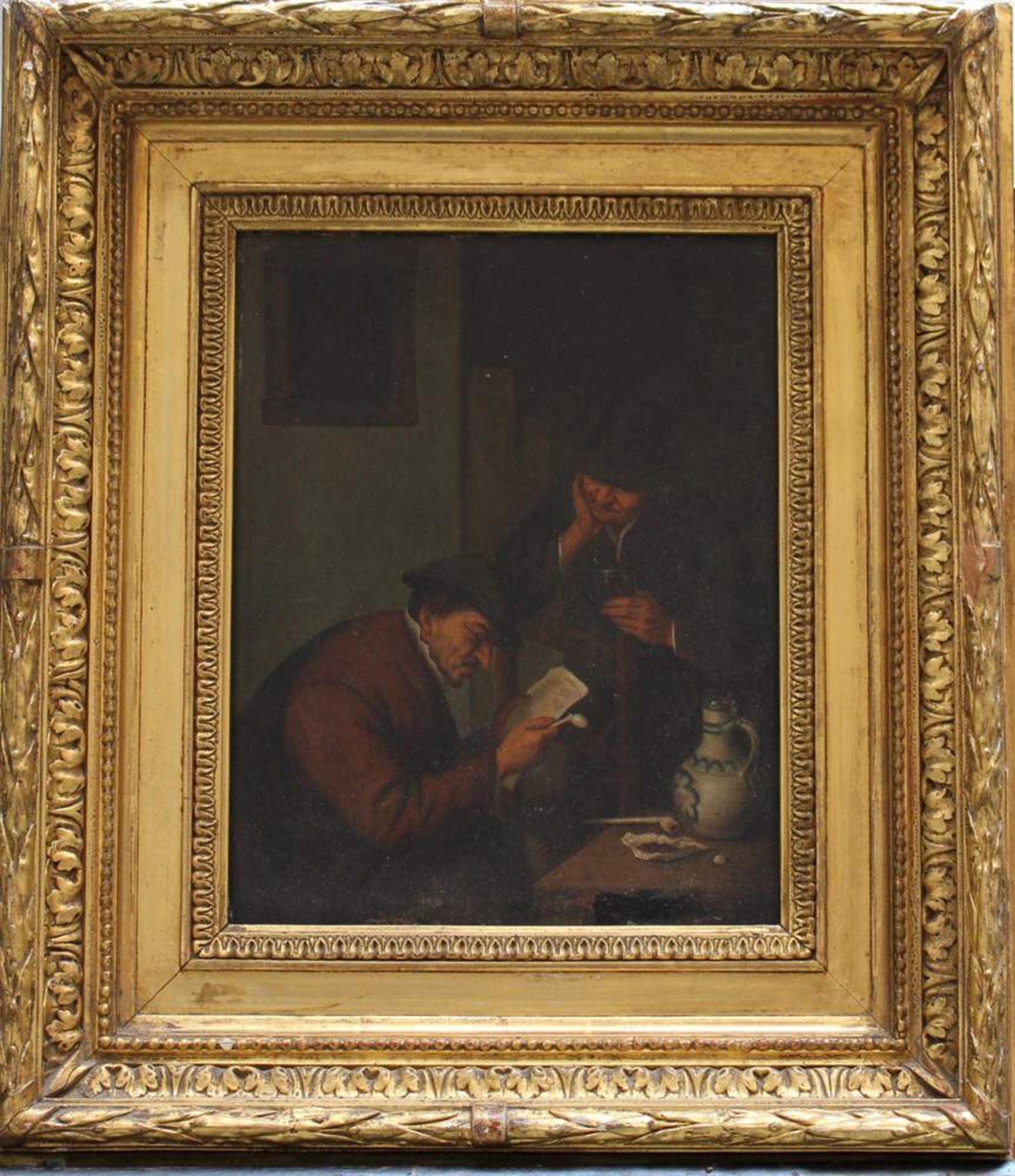 Adriaen van Ostade (1610-1685)-follower, Two Dutch farmers by a table, reading a letter, drinking
