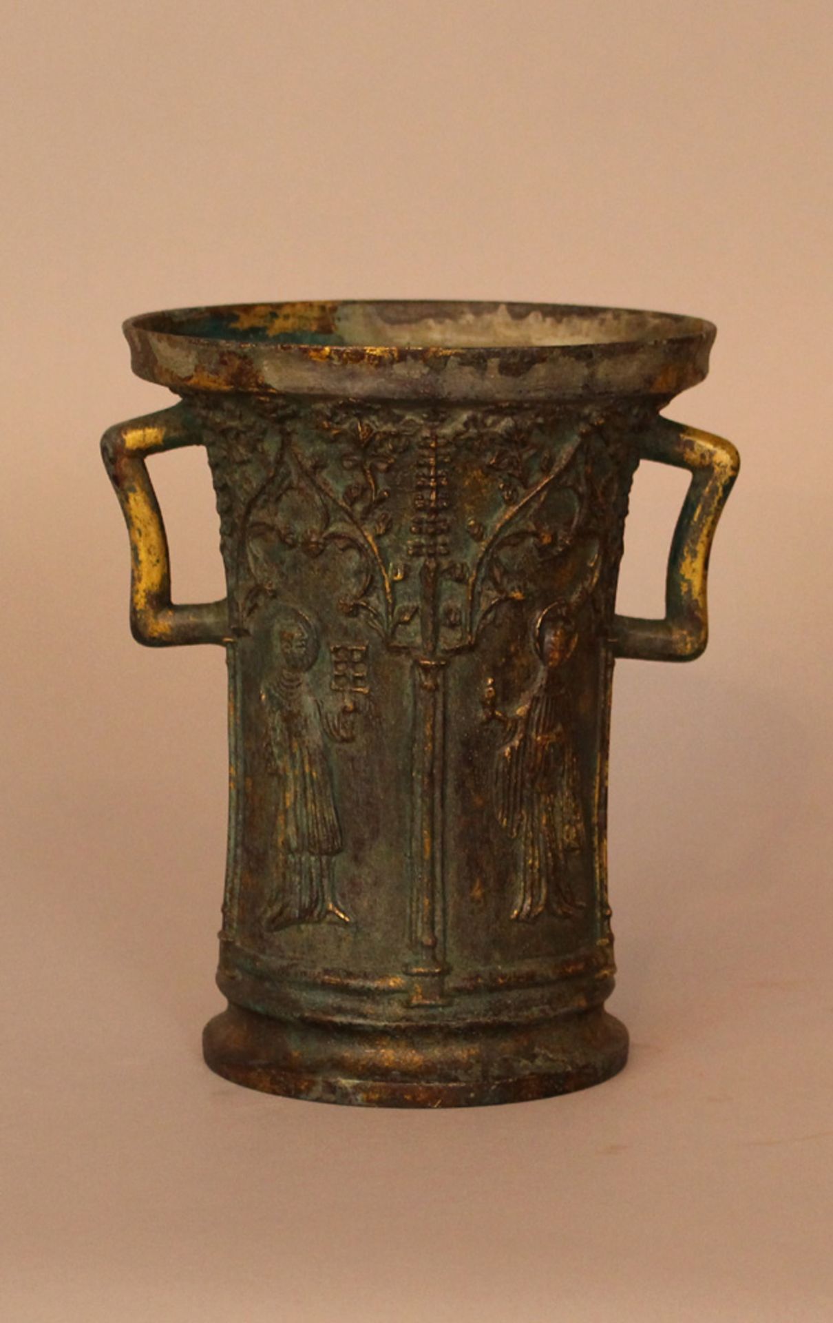 Vessel in Gothic manner, bronze cast with figures and ornaments in half relief; two handgrips,