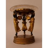 Russian empire style centre piece, with three vestals on round base holding a bowl with glass