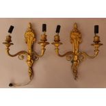 Pair of French 19th Century wall appliques with two shaped branches and spouts, on shaped and flat