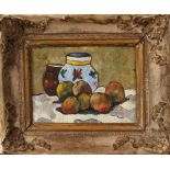 School of Pont Aven, Still life with jugs and apples, oil on carboard, framed. 27x36cm