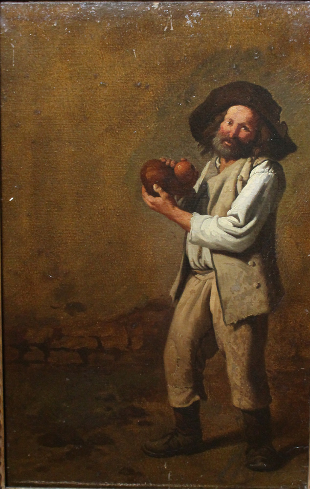 Caravagist around 1700, Man with bread and bottle, oil on paper, laid down on canvas, in a gilded - Image 2 of 3