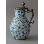 Annaberg Majolica jug, round form with waved outside, short neck and spout; base, lid and handgrip