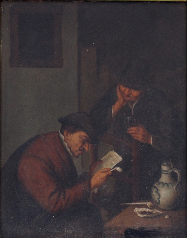 Adriaen van Ostade (1610-1685)-follower, Two Dutch farmers by a table, reading a letter, drinking - Image 2 of 3