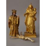 Lot of three baroque sculptures containting a wood carved Maria with Jesus on rectangular base,