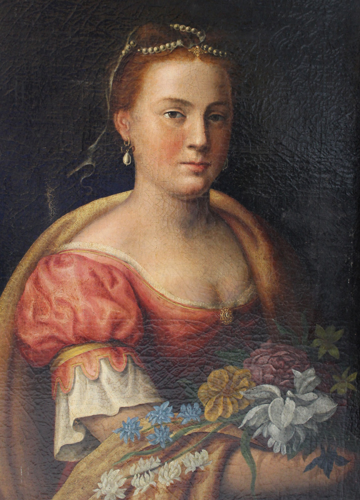 Hendrick Goltzius (1558-1617)-school of, Portrait of a lady with flowers, oil on canvas, on the - Image 2 of 3