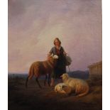 Eduard Moritz Lotze (1809 - 1890), Bravarian shepherdess with three sheeps in landscape; oil on