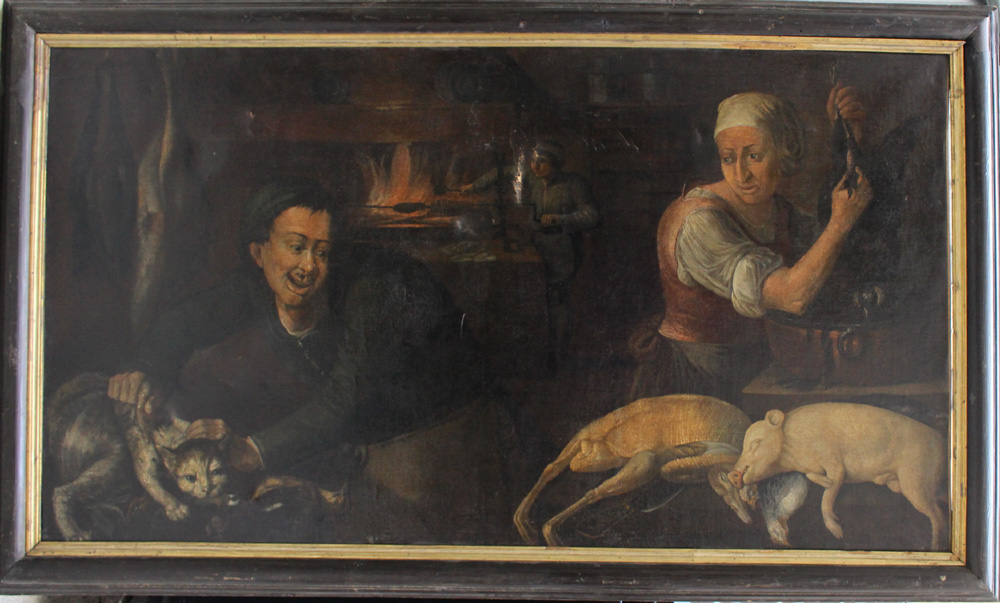 German or Austrian School around 1700, Kitchen scene with a man holding a cat, poultry and other