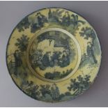 Francfort Majolica dish with painted blue Chinese people and landscapes on white ground, wide