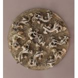 Chinese jade plaque with rich sculpted dragons on polished ground with wide colours and on the