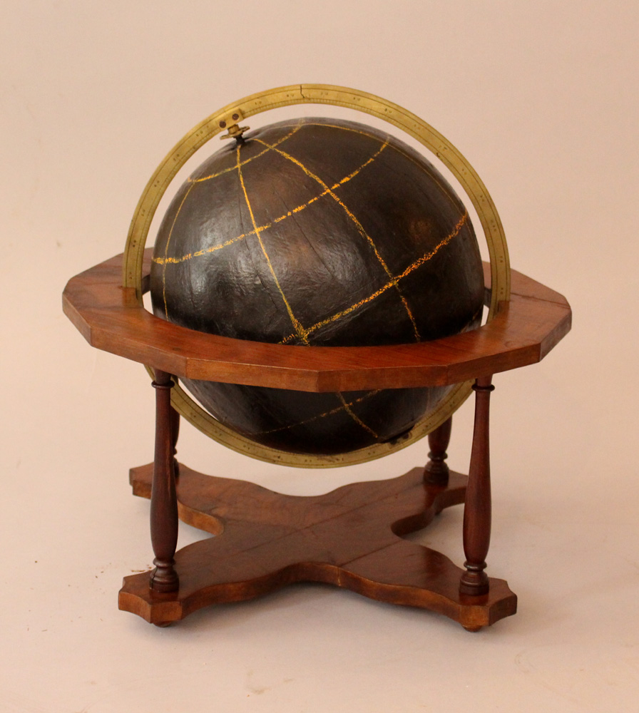 Globe in Renaissance manner with meridians, black with orange drawed lines; in bronze ring; on