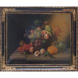 Johann Georg Seitz (1810-1870)-attributed, Still life with fruits and a parrot on a basket on a