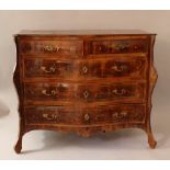 Baroque commode with five drawers, shaped front, top, lower border and sides; rosewood on pinewood