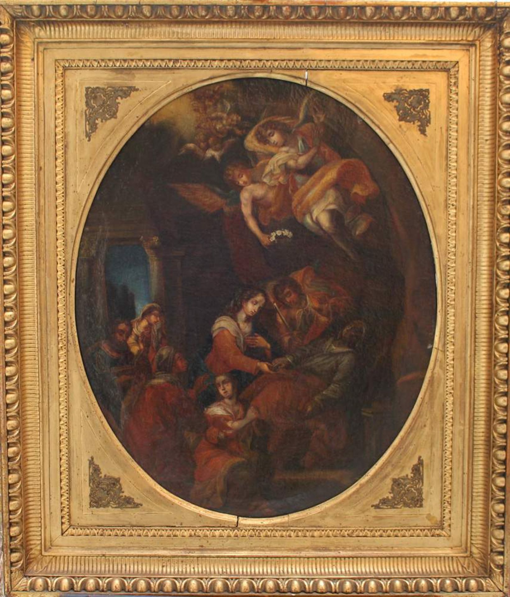 Giuseppe Nuvolone (1619-1703)-attributed, Death of Saint Anne, painted in oval, oil on canvas; in