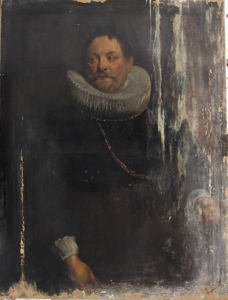 Sir Anthony van Dyck (1599-1641)-follower, Portrait of a man with chain, oil on canvas, damaged.