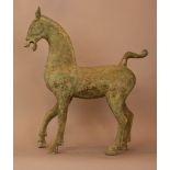 Archaic bronze horse with long legs and neck, in naturalistic manner; bronze cast, with verdigris,