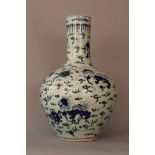 Chinese porcelain vase with long neck and shaped cilindrical body; blue painted ornaments and