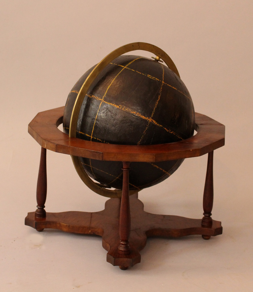 Globe in Renaissance manner with meridians, black with orange drawed lines; in bronze ring; on - Image 3 of 3