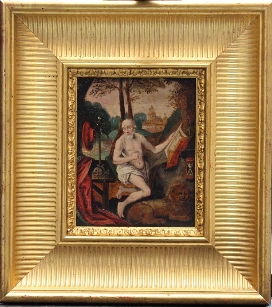 Flemish School around 1600, Saint Hieronymus in the wilderness; oil on wooden panel, framed.