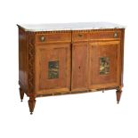 A Dutch satinwood, kingwood, amaranth, fuitwood, marquetry and black and red lacquer sideboard