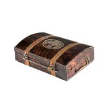 An Austrian cut and polished steel mounted stained burr field maple and maple jewellery casket