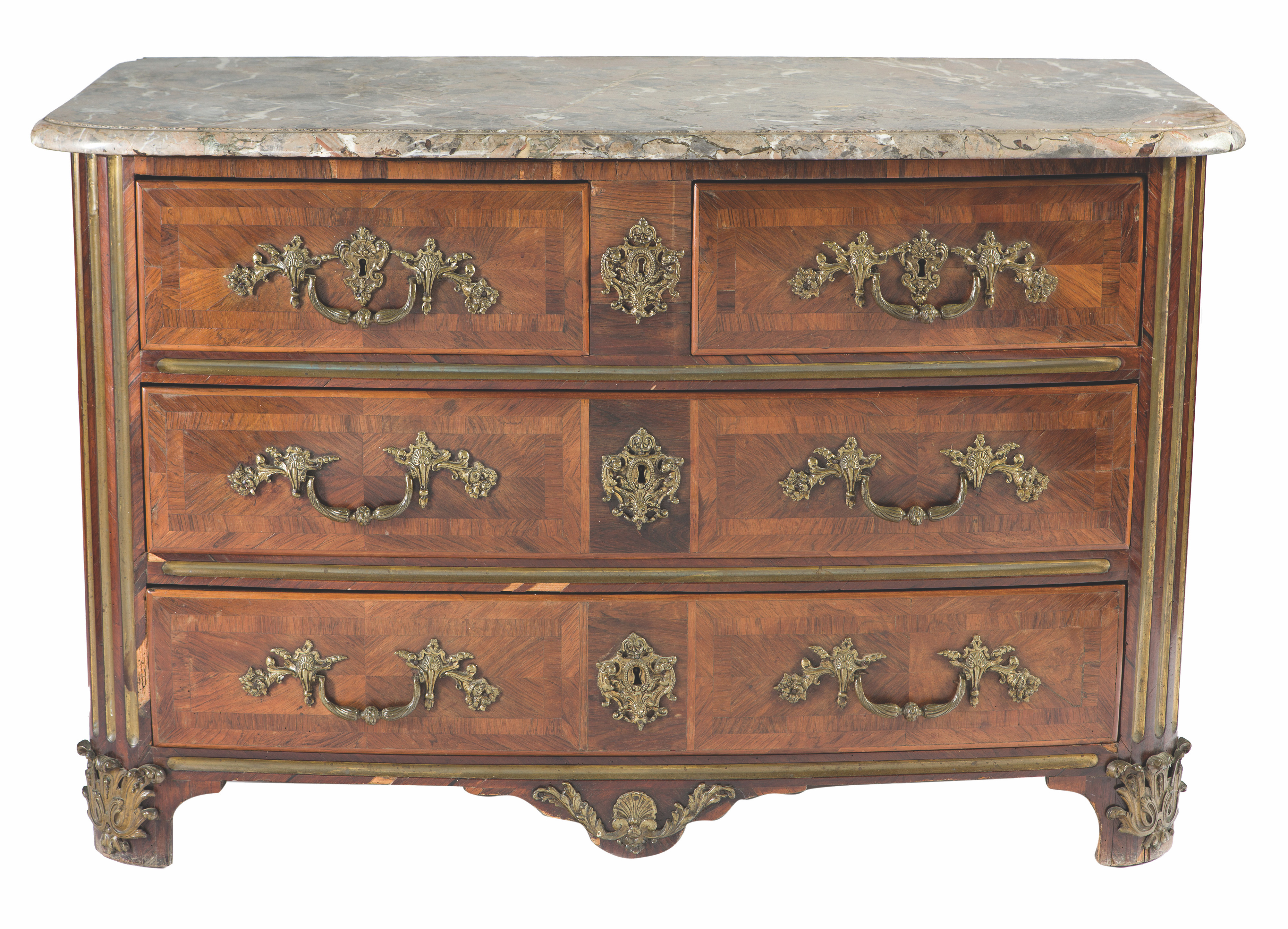 A Regence commode ormolu and brass mounted rosewood commode