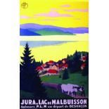 Jura - Lac de Malbuisson Autocars P.L.M. au départ de Besançon. - Affiche Encadrée vers 1930 BRODERS