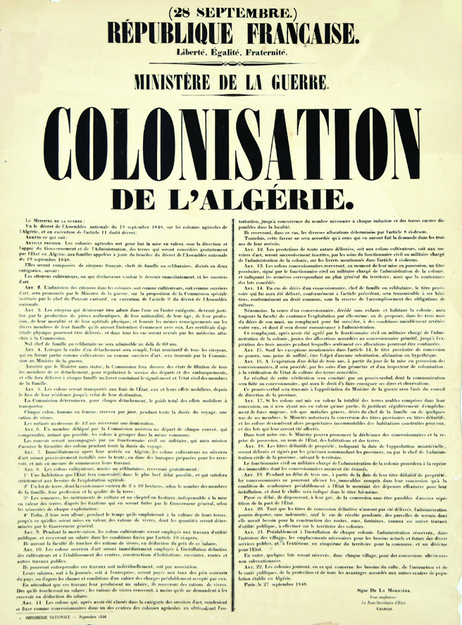 Colonisation de L'Algérie Septembre 1848 1848 DE LA MORICIERE & CHARRAS Très Intéressant texte sur