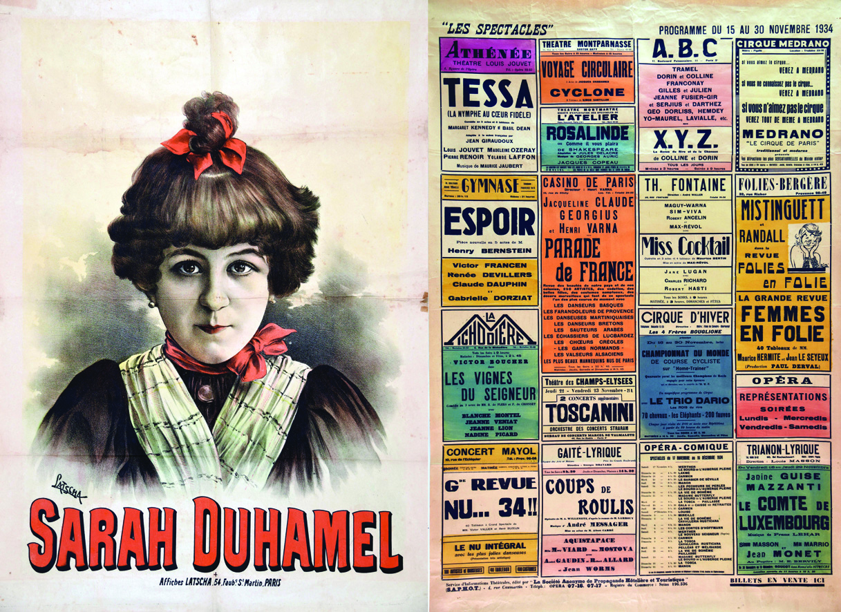 Lot de 2 aff : Sarah Duhamel - Les Spectacles nov 1934 1890 & 1934 Lot de 2 Affiches Non Entoilées /