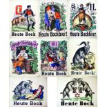 Lot de 8 Affiches sur la Biere : Heute Bock ! Heute Bock Bier vers 1900 C. Burckardrs R. Ackermann