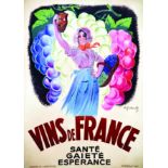 Vins de France Santé Gaité Espérance 1937 GALLAND ANDRE Bedos & Cie Paris Affiche entoilée/ Poster