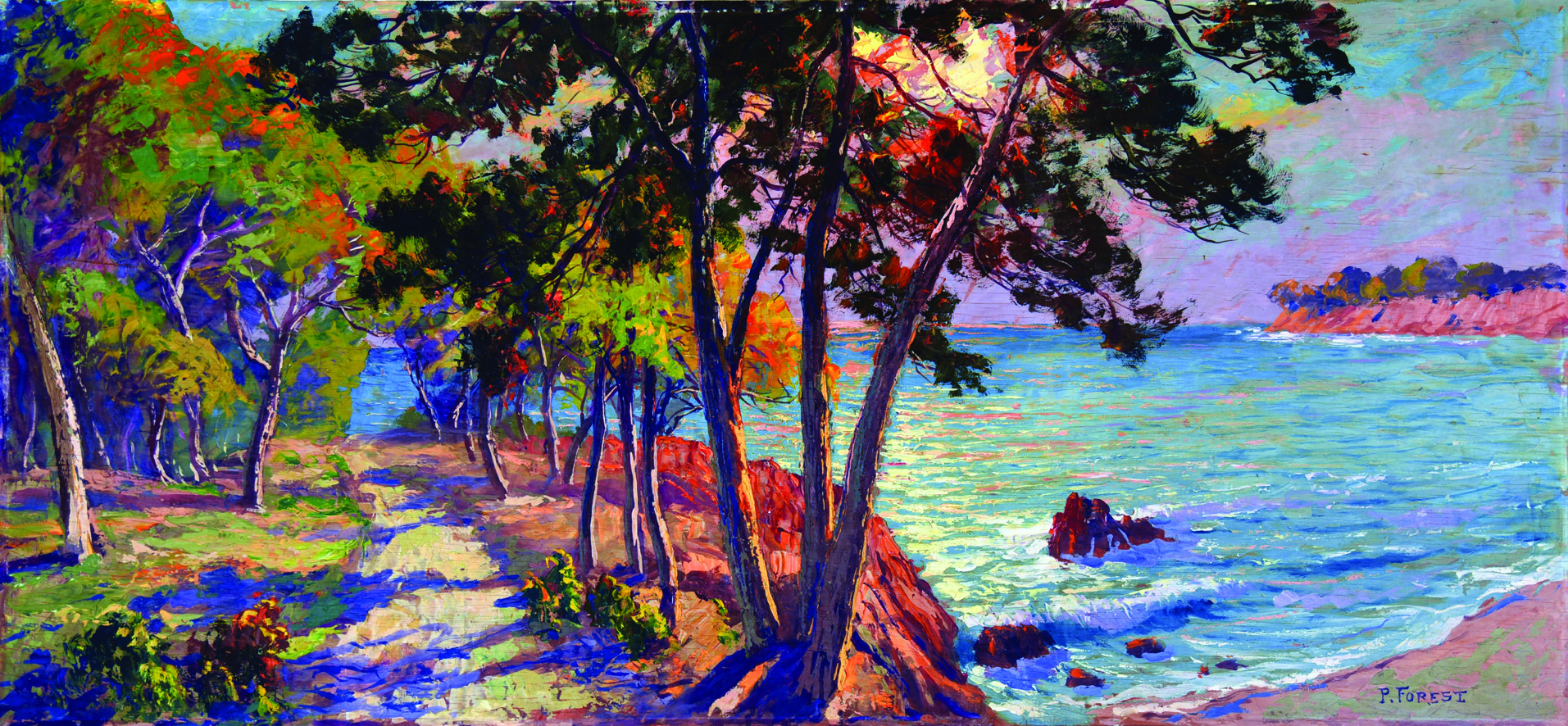 Saint Tropez - Les Calanques de Ramatuelle vers 1930 FOREST P. Huile sur bois signée / Oil on wood