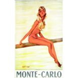 Monté- Carlo vers 1950 DOMERGUE JEAN-GABRIEL Imprimerie Nationale Monaco Affiche entoilée/ Poster on