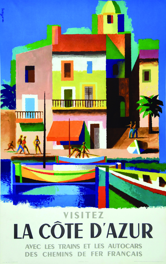 La Côte D'Azur ( Port Grimaud ) 1963 NATHAN Perceval Paris Affiche entoilée/ Poster on Linnen T.B.E.