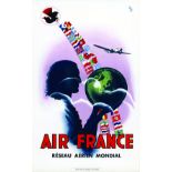 Air France Réseau Aérien Mondial 1937 VINCI Alépée & Cie Paris Affiche entoilée/ Poster on Linnen