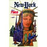 New York Fly TWA 1955 KLEIN DAVID U.S.A. Affiche entoilée/ Vintage Poster on Linnen T.B.E. A - 101,5