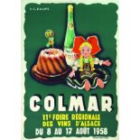 Foire Régionale des Vins d'Alsace 1958 KUNTZ JEAN-LOUIS Alsatia Colmar Affiche entoilée/ Vintage