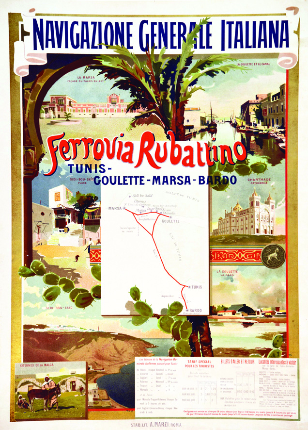 Ferrovia Rubattino Tunis - Goulette - Marsa - Bardo vers 1900 A. Marzi Roma Affiche entoilée/