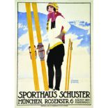 Sporthauss Schuster vers 1930 MAIER IOHANN B. Reichhold & Lang München Affiche entoilée/ Vintage