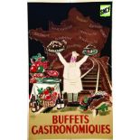 Buffets Gastronomiques 1950 BAILLE HERVE French National Railways Paris Affiche entoilée/ Vintage