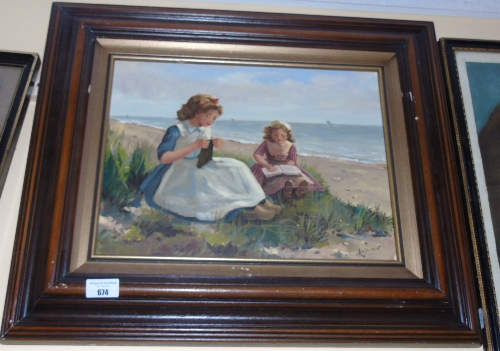 An Oil on Canvas of Two Young Girls on a Beach, signed J. Dinton, 39 x 29cm.