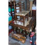 A Very Clean Oak Refectory Style Kitchen Table & Six Ladderback Chairs upholstered in damask (