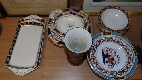 Two Sets of Pudding Services with Colourful Services, two sandwich trays, two Deco bowls and two tea