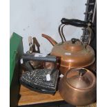 A Vintage Cast Iron Iron on Stand, 2 Copper Kettles & Warming Pot with Wooden Handle (4).