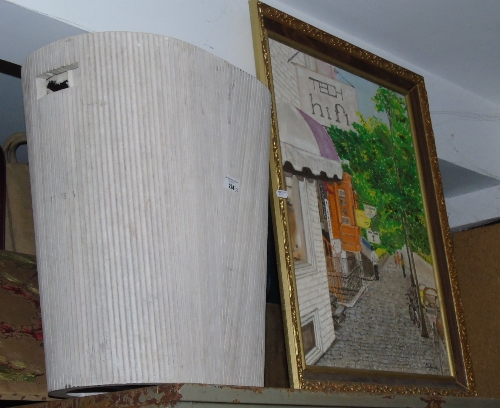 An Oil Painting, along with an embroidered panel, bin and bags.