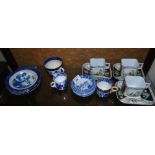 Blue & While Old Willow Pattern Teawares, & Three Continental Cups and Saucers.