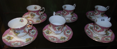 Six Pink Ground Queen's China Coffee Cups & Saucers.