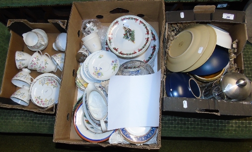 Three Boxes of Ceramics & a Black Spark Guard to include a cake plate, bone china cups and