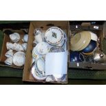 Three Boxes of Ceramics & a Black Spark Guard to include a cake plate, bone china cups and